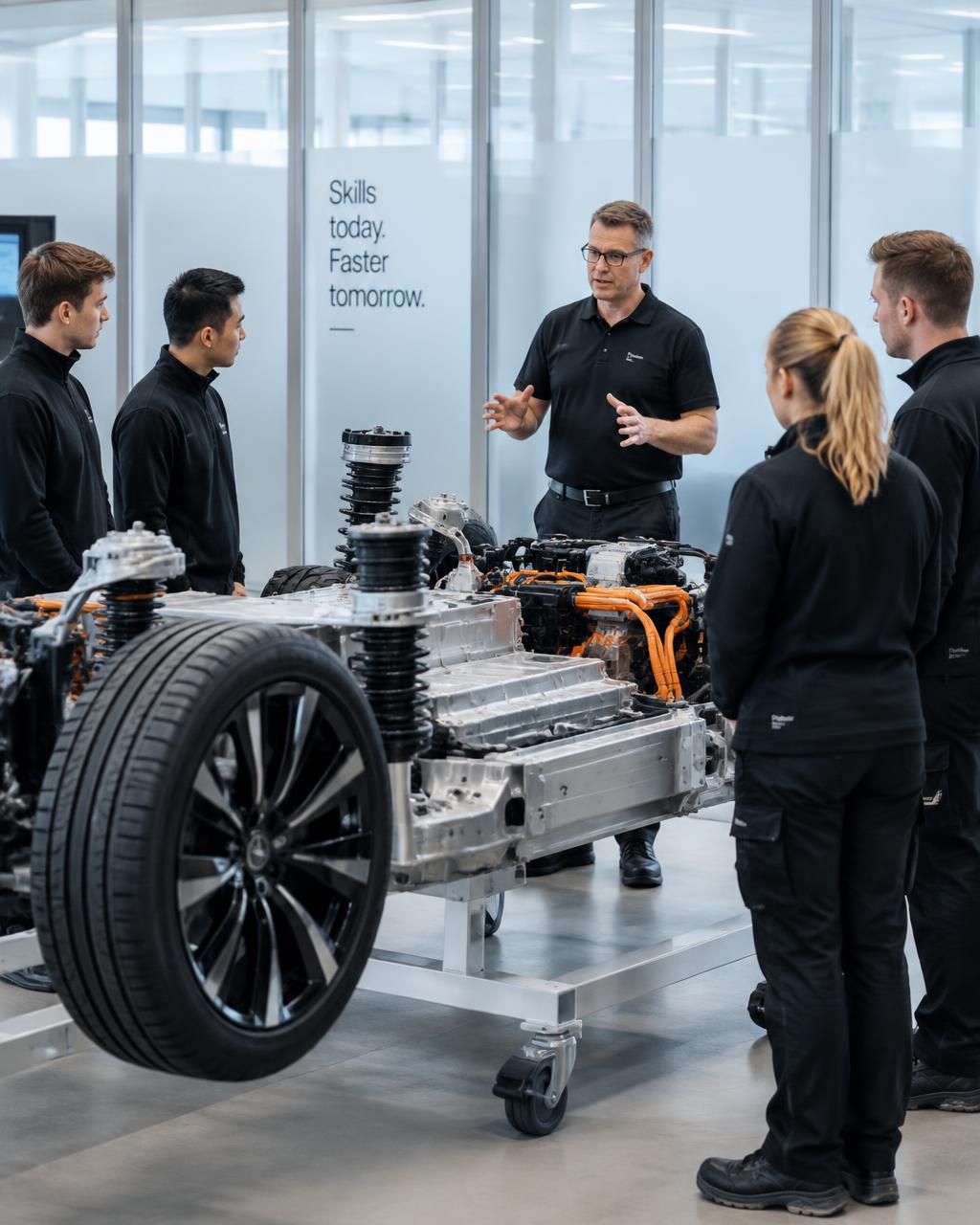 Automotive trainer briefing technicians around an electric vehicle platform