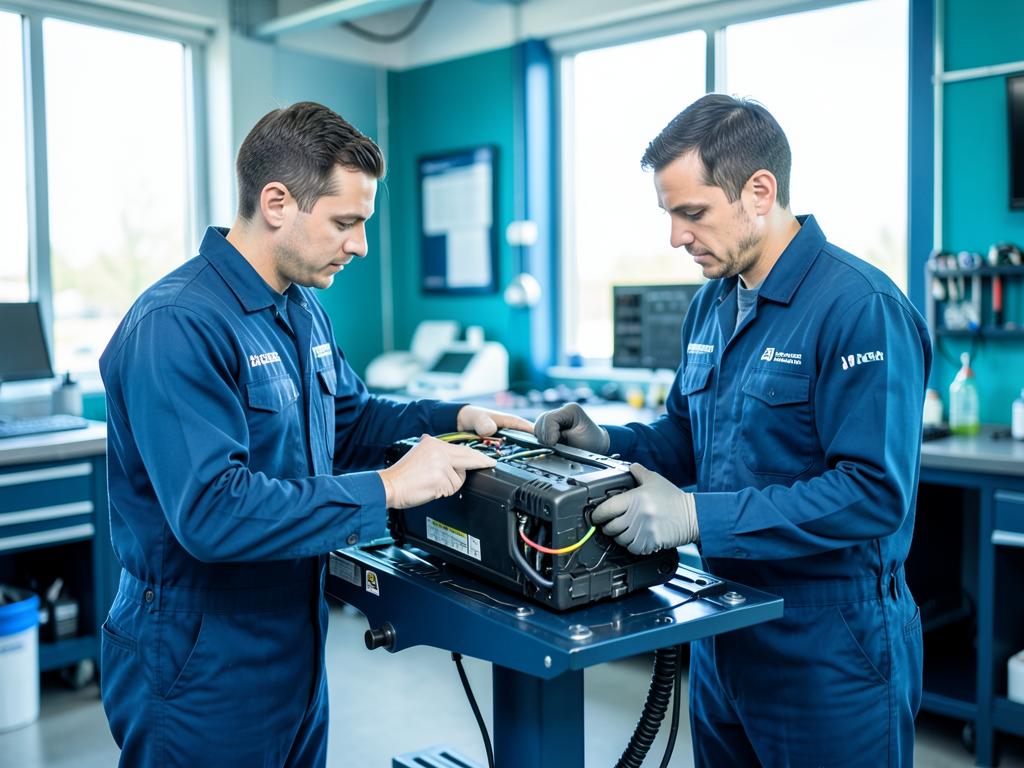 Automotive technicians training on a high-voltage electric vehicle battery pack